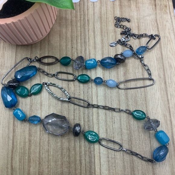 Lia Sophia Meridian Gun Metal Beaded Blue Green Tones Necklace - Picture 4 of 8